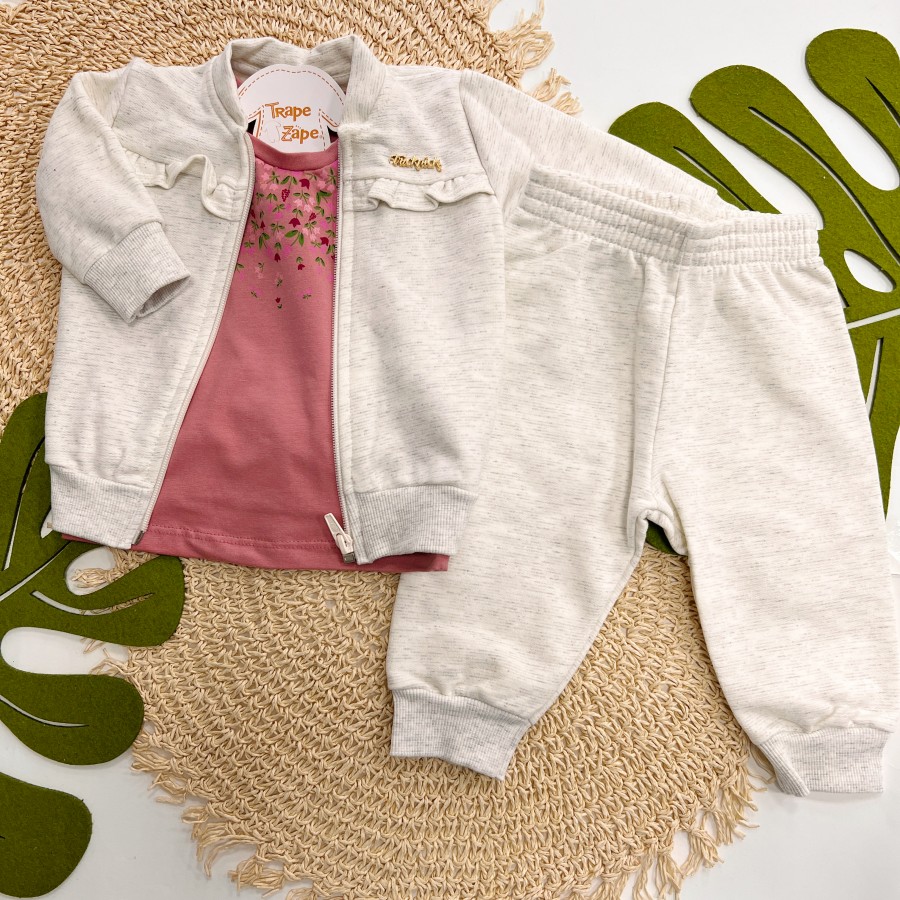  Inverno 2025 - Conj. Jaqueta, Blusa Mini Flores e Calça em Moletom - Uva e Mescla